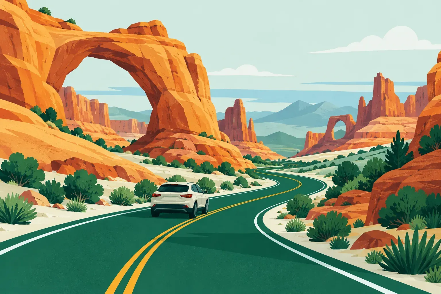 A road through red rock arches and canyons, a typical landscape of Utah