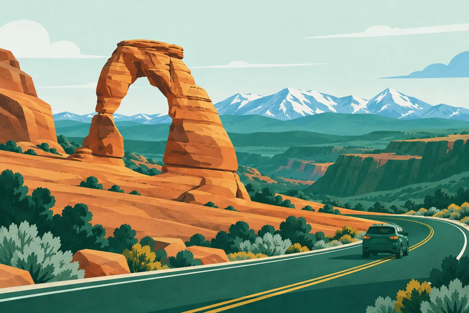 Delicate Arch standing on red slickrock with snowy mountains far away, in Utah